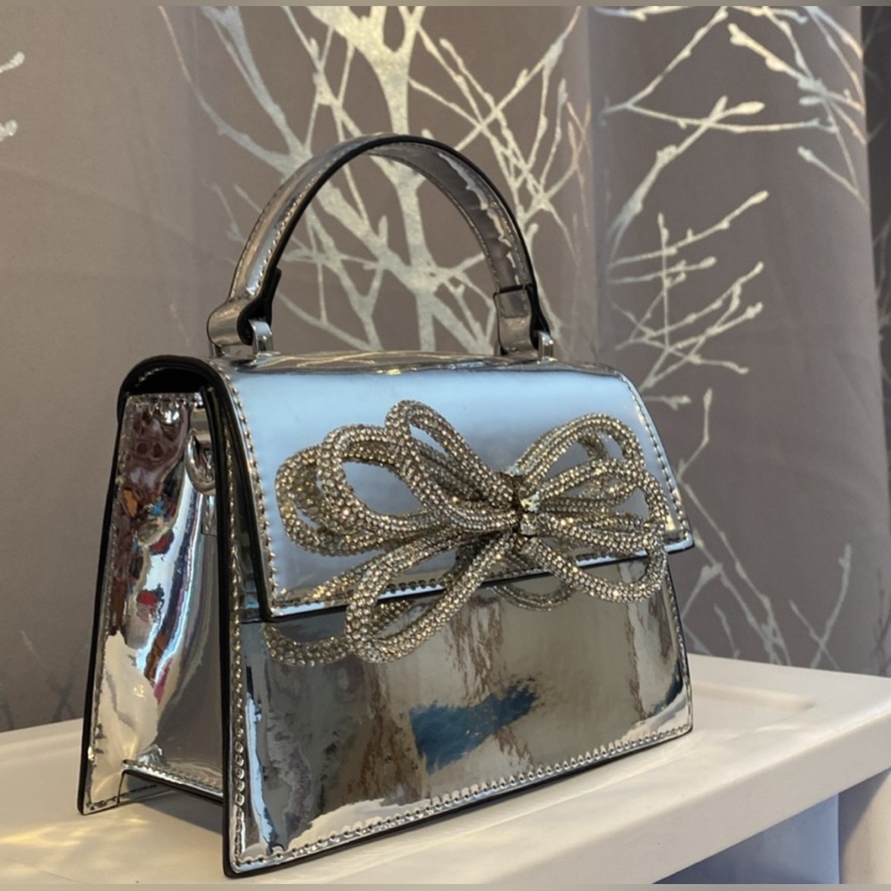 NWOT Aldo Silver Metallic Mini Top-Handle Satchel w/Glittery Bow